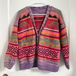 Vintage multicolor knitted wool animal Aztec Cardigan Size M